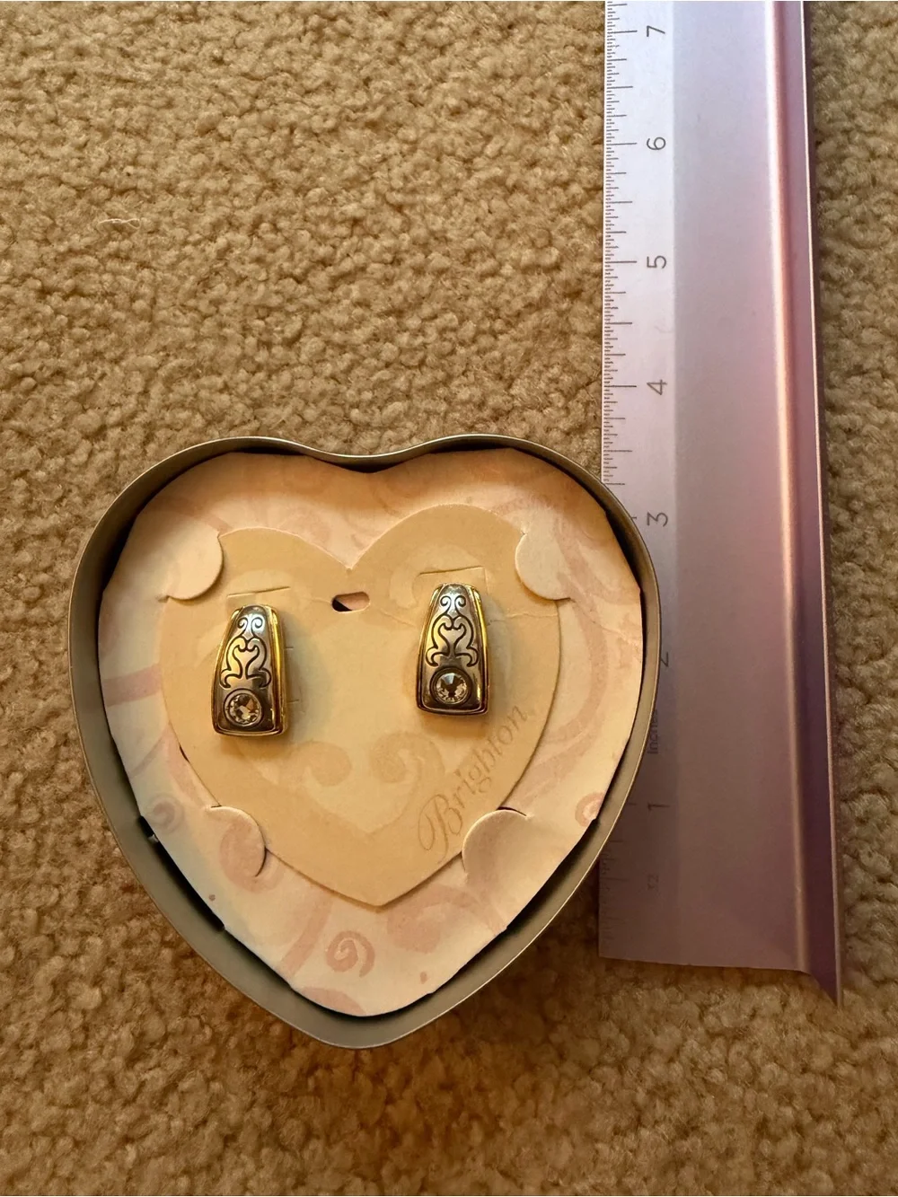 Brighton Two Tone Silver Gold Crystal Scroll Heart Post Earrings w/ Tin